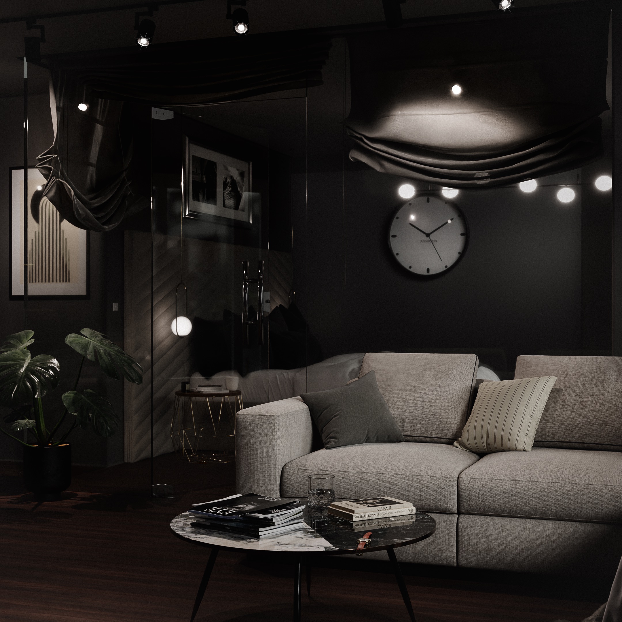 Rendered 3D living room scene